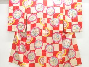 アンティーク　市松に鳳凰丸紋模様長襦袢